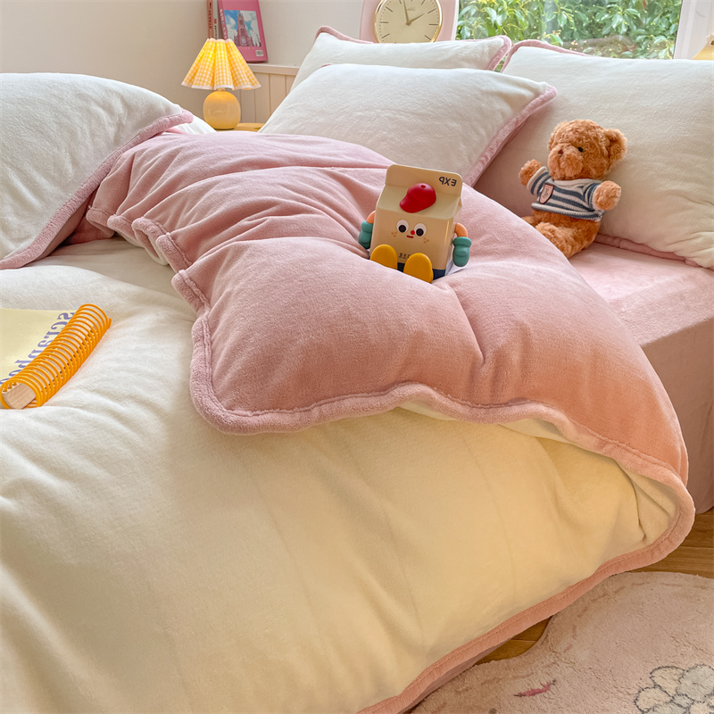 牛奶绒床上四件套简约纯色加厚保暖珊瑚法兰绒被套床单床笠款单人