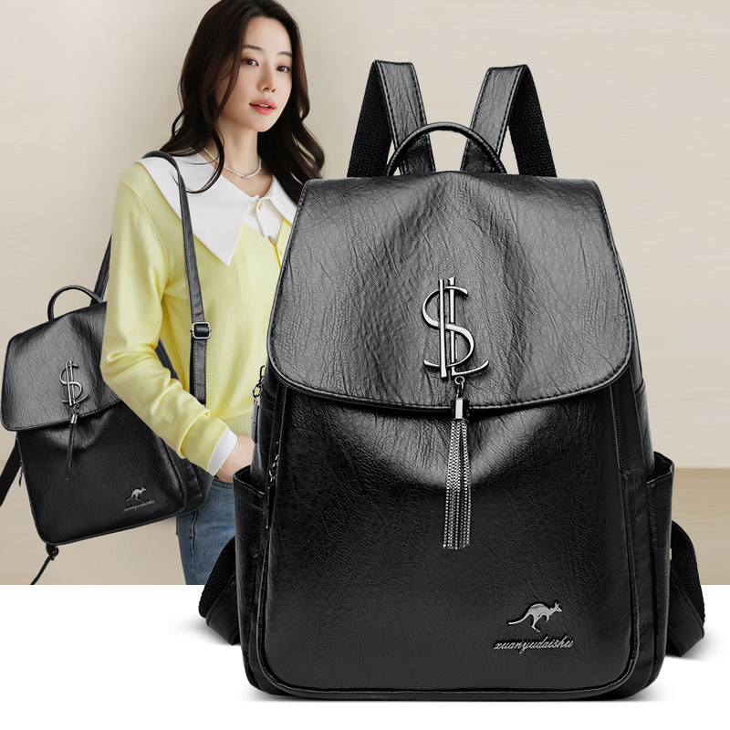 时尚休闲百搭韩版双肩包潮流双肩背多功能真皮质感软皮背包女士