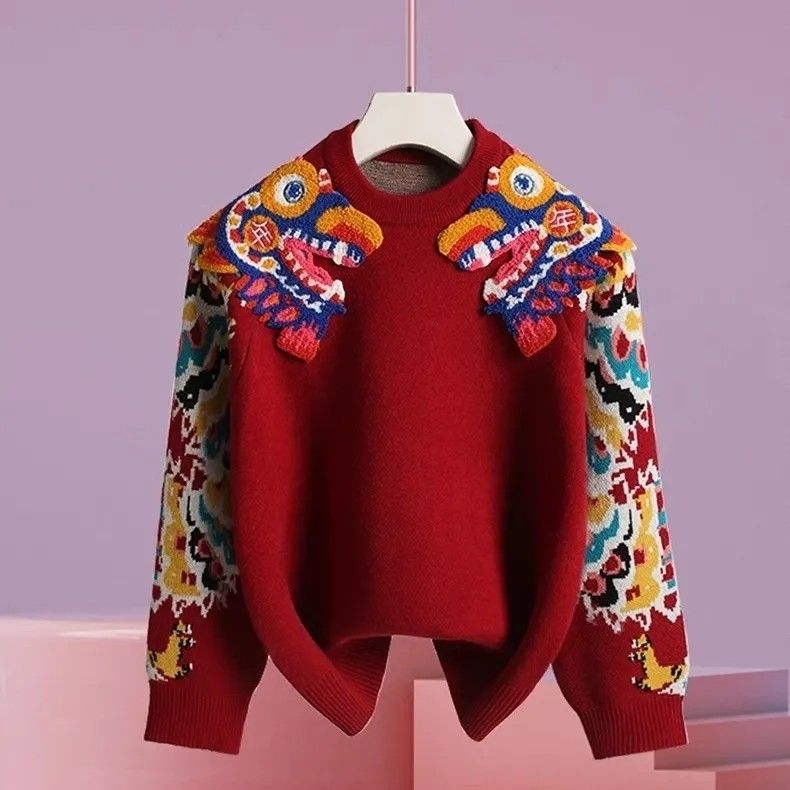 生肖龙儿童新年装红色毛衣女童男童刺绣针织上衣加厚秋冬款中大童