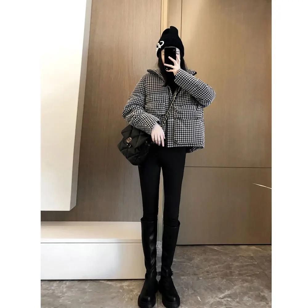 千鸟格羽服女2023年新款冬季宽松加厚衣小个子短款袄外套显瘦