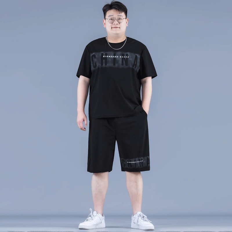 大码冰丝短袖男t恤男士套装夏季薄款潮牌加肥加大码宽松胖子套装