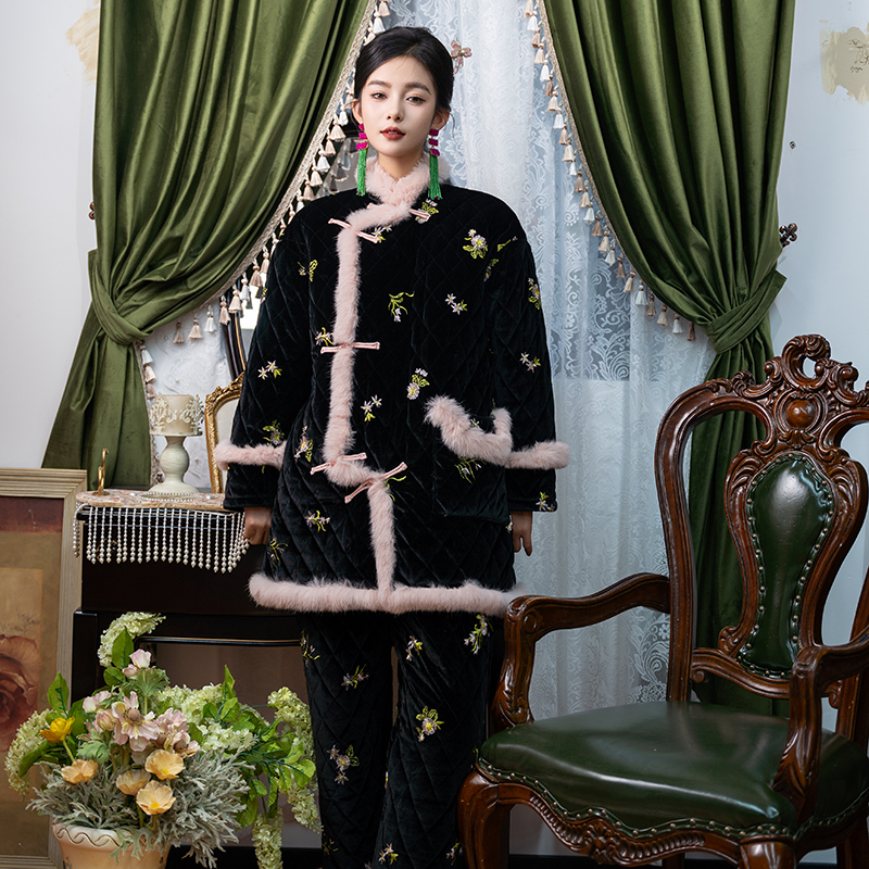 邑夏公主新款中国风长款女睡衣三层加绒夹棉加厚复古可外穿家居服