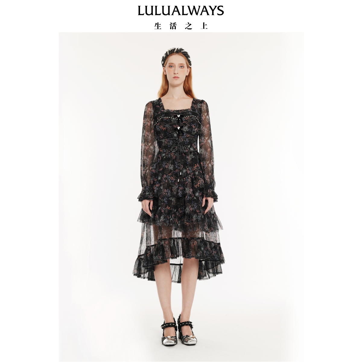 LULUALWAYS我爱露露24秋季新款复古氛围感绑带高腰雪纺印花连衣裙