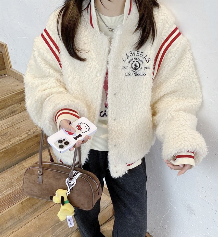 冬季新款韩系宽松慵懒风时尚洋气环保托卡毛毛夹棉加厚棒球服外套