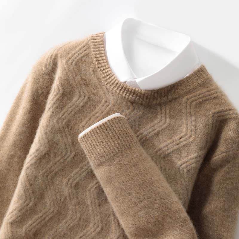 七针加厚水波纹款~秋冬新款100澳洲羊毛衫男圆领提花宽松休闲打底
