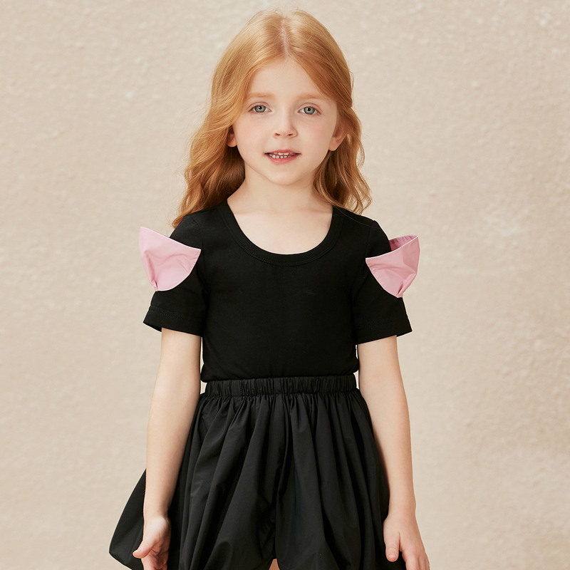 ff&dd童装2024夏季t恤女童设计感高级气质短袖圆领休闲简约上衣