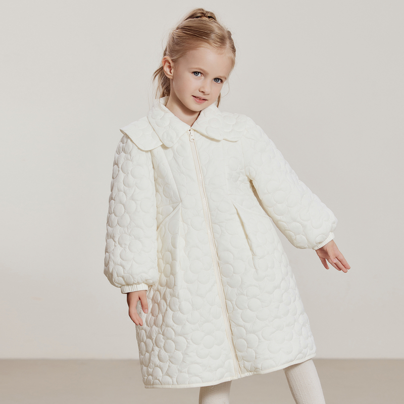 ff&dd童装2024冬棉服女童提花翻领收腰中长棉大衣外套百搭设计感