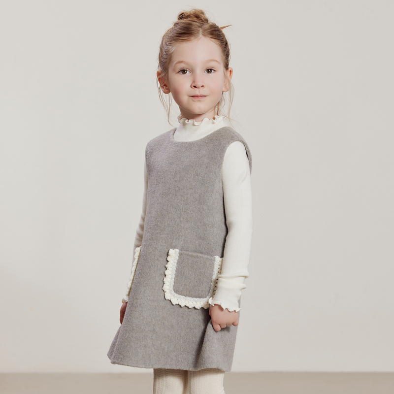 ff&dd童装2024冬连衣裙女童纯色花边口袋设计高级感背心连衣裙子