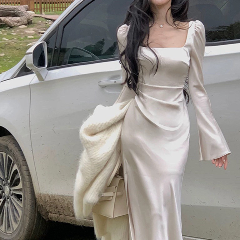 轻奢名媛风法式缎面修身显瘦长袖连衣裙生日聚会酒会晚礼服