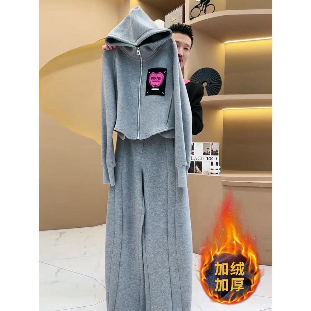 2023秋冬加绒加厚保暖两件套新款网红时尚连帽洋气遮肉春秋裤女MM