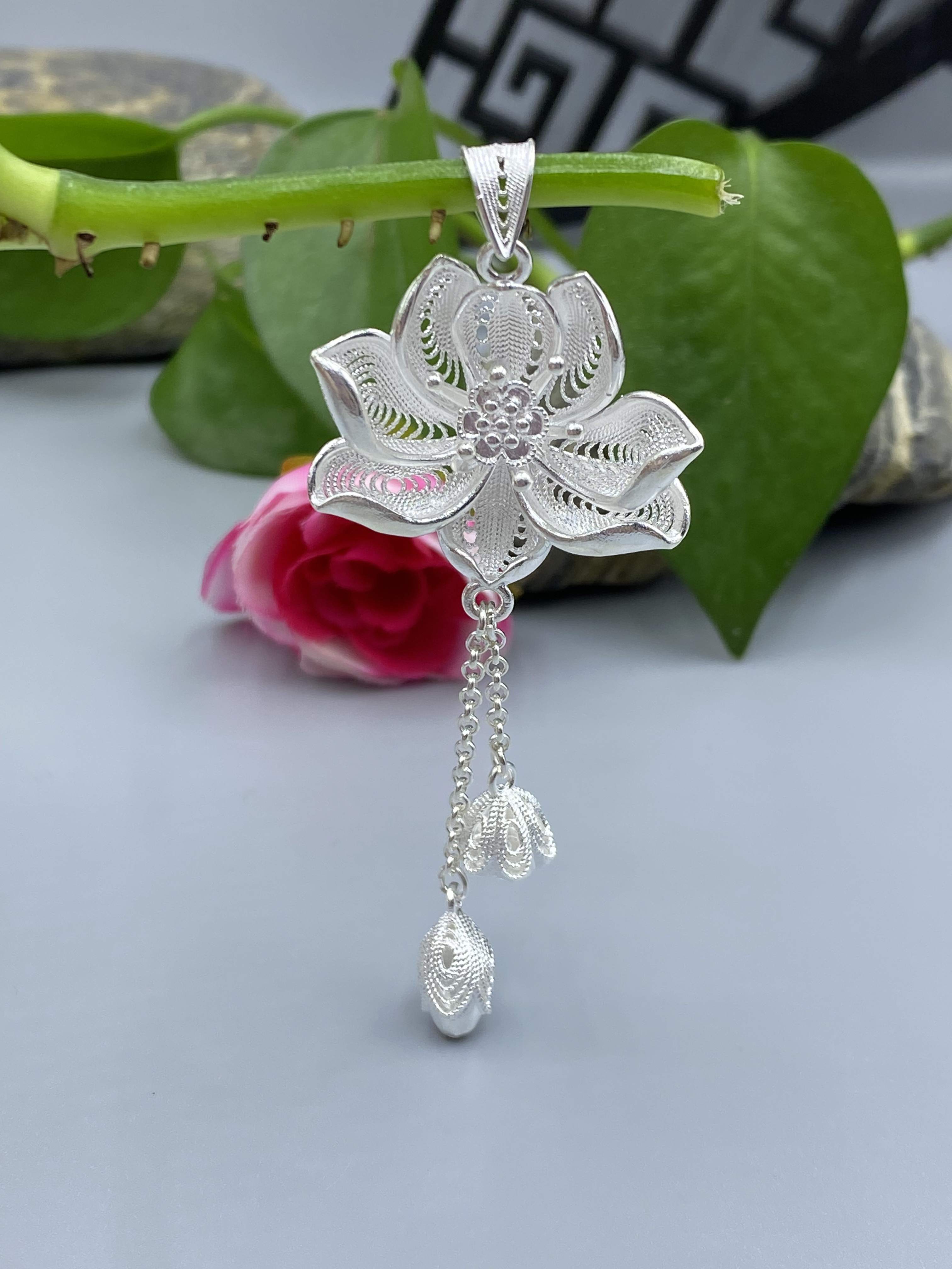 吊坠足银 侗石記 拉丝工艺 两世欢莲花 大号 吊坠