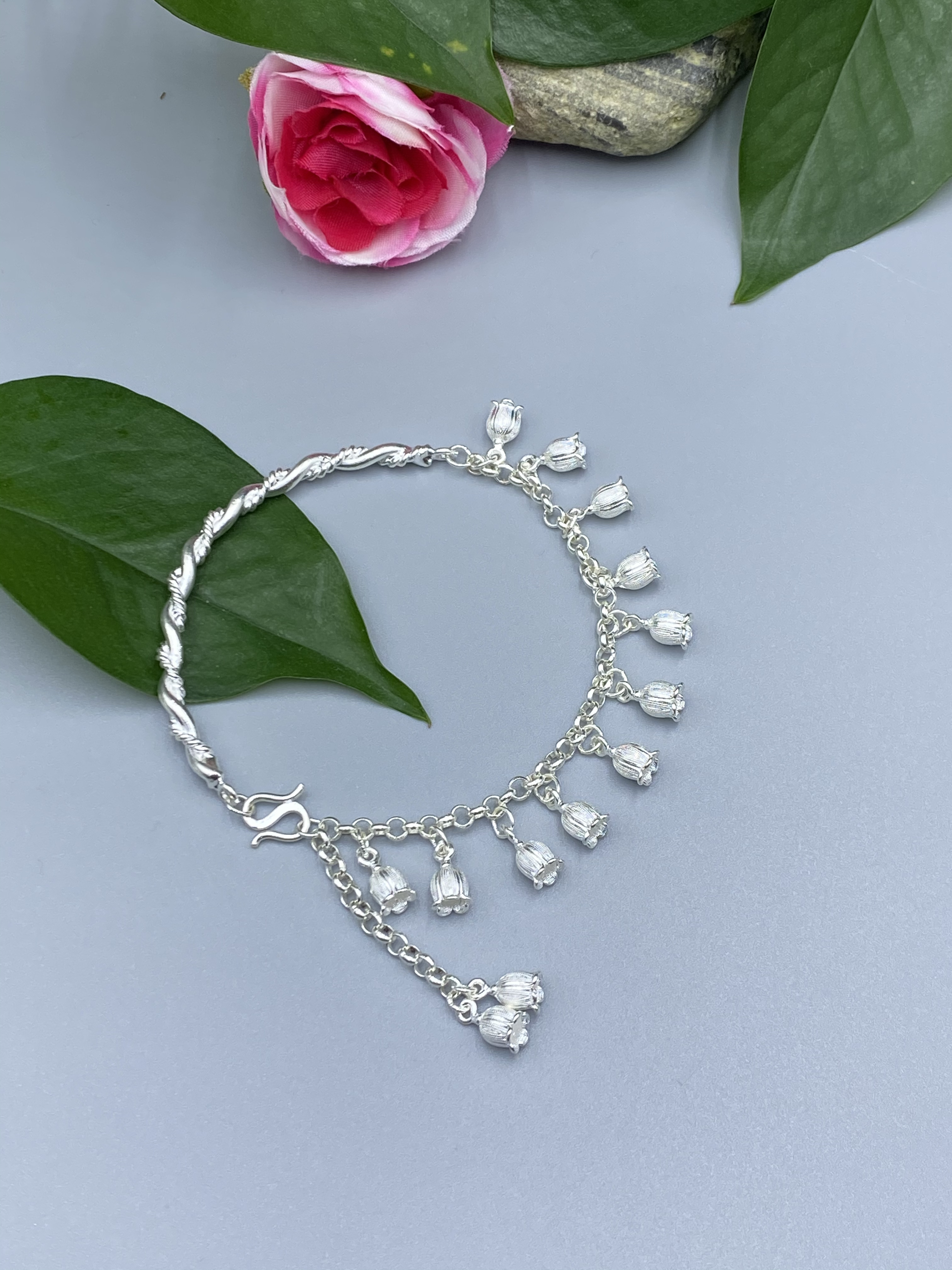 足银手链 侗石記 半镯铃兰花手链 