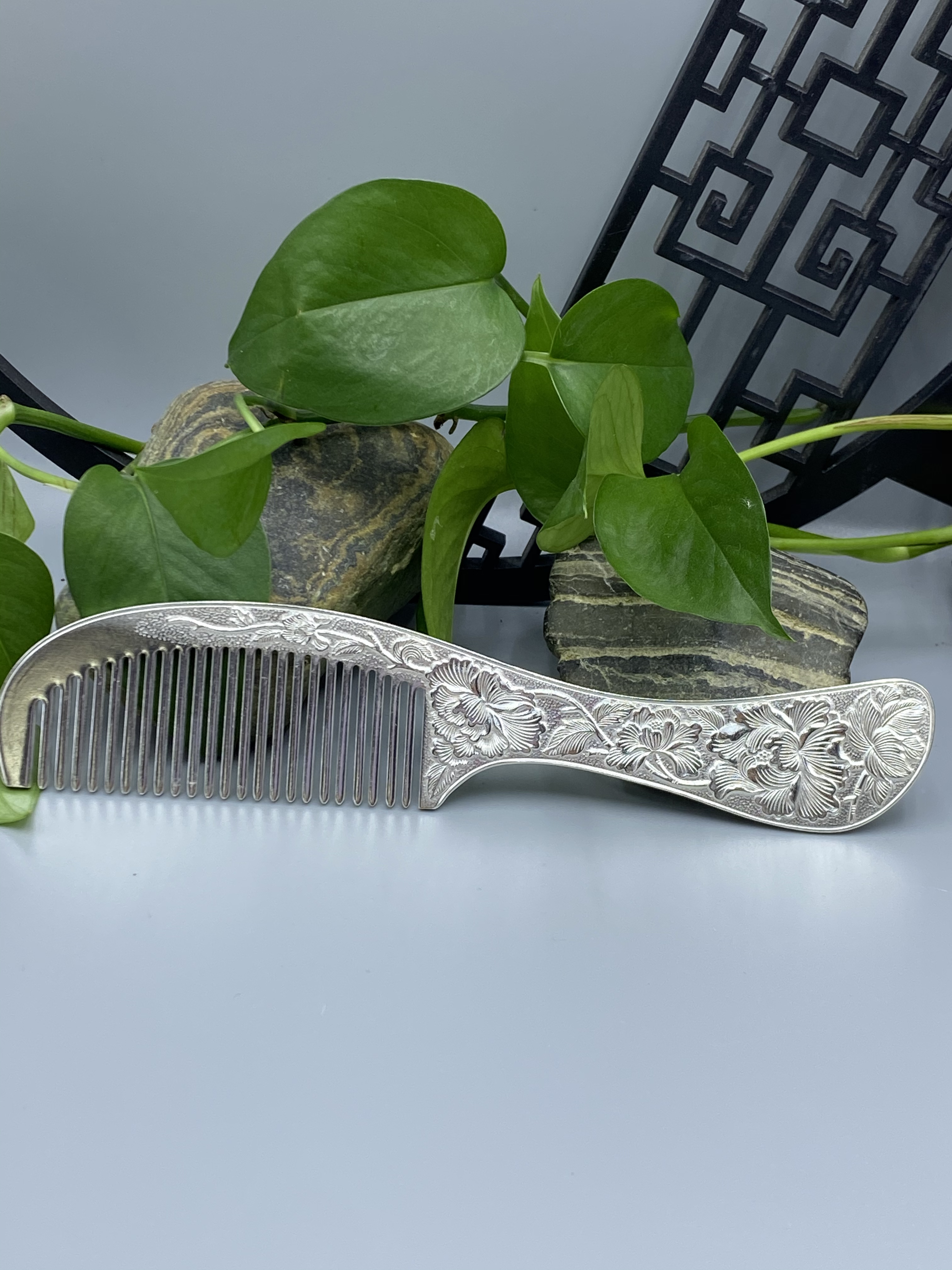 足银银制品 侗石記 牡丹花高浮雕  足银999.9大梳子 