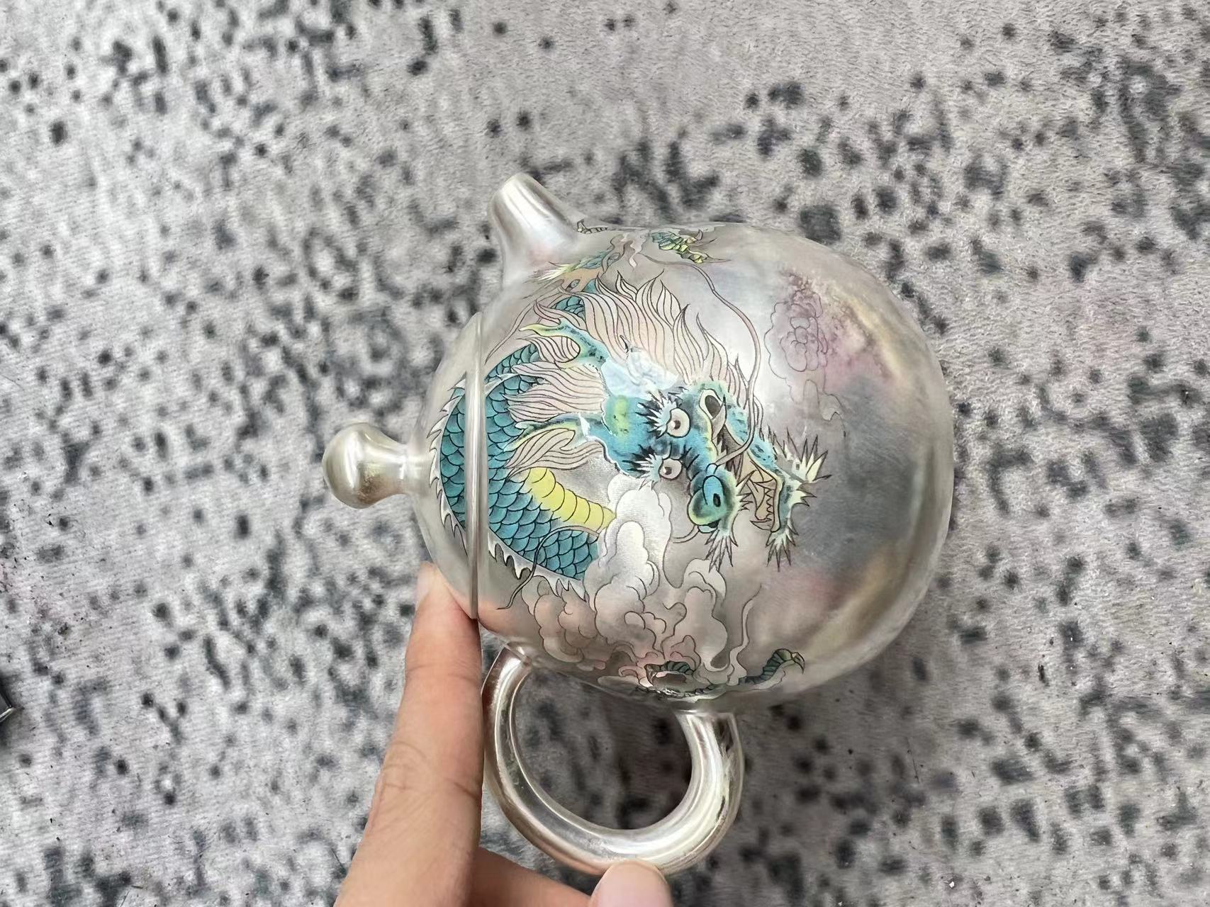 寇金山高端银上作画青龙龙蛋银壶2828