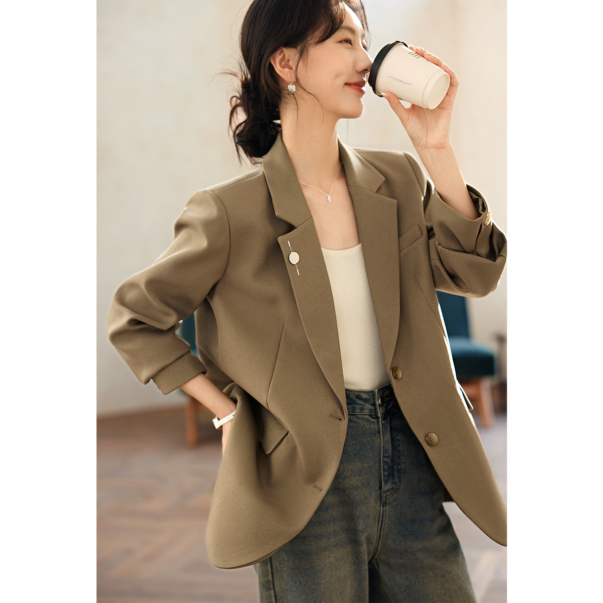 XWI/欣未复古斜纹百搭西装外套2024春季新款气质休闲百搭女式西装