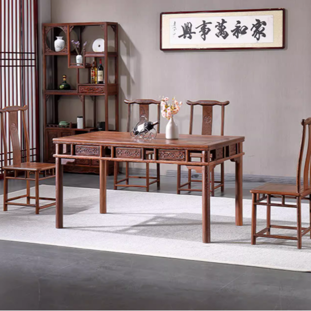 国标红木鸡翅木明式方餐桌圆桌新中式小户型转盘餐台家具桌椅组合