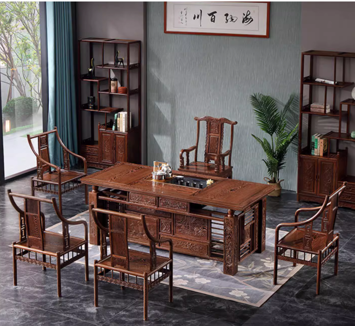 红木鸡翅木迎宾茶桌椅组合家用办公