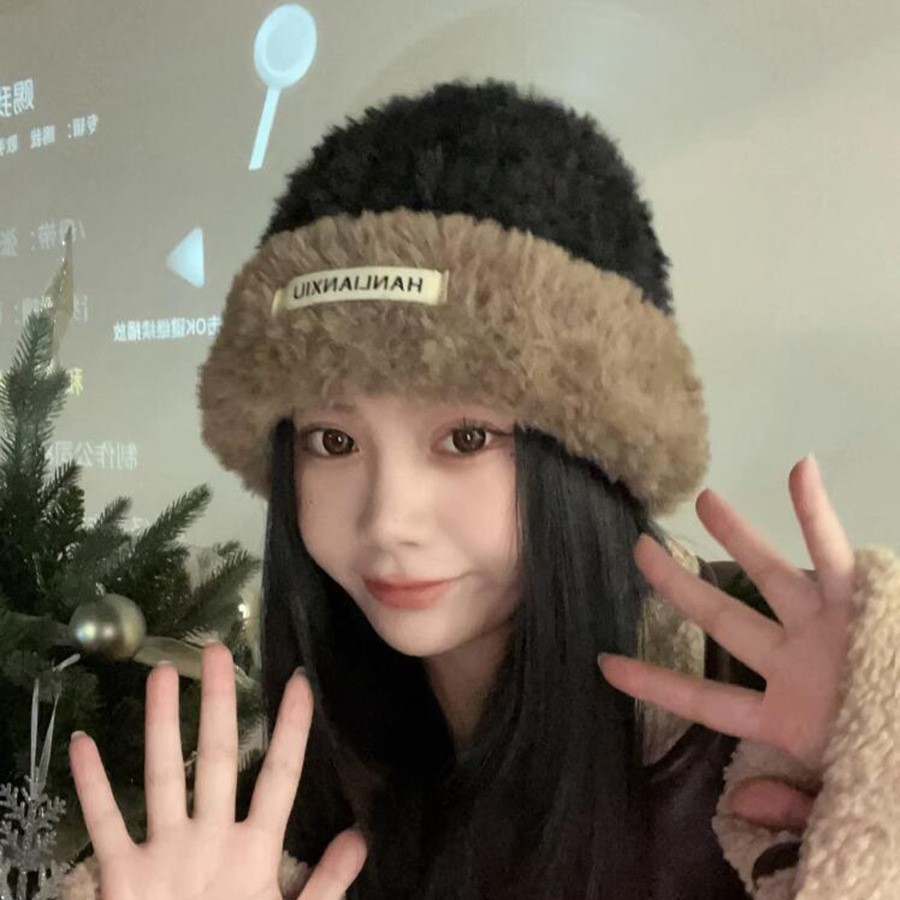 拼色帽子女冬季加厚显脸小毛绒保暖毛线帽潮护耳堆堆针织帽绿帽子