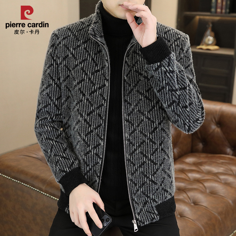 皮尔卡丹外套男2023年新款男士加绒加厚修身立领上衣冬季高端男装