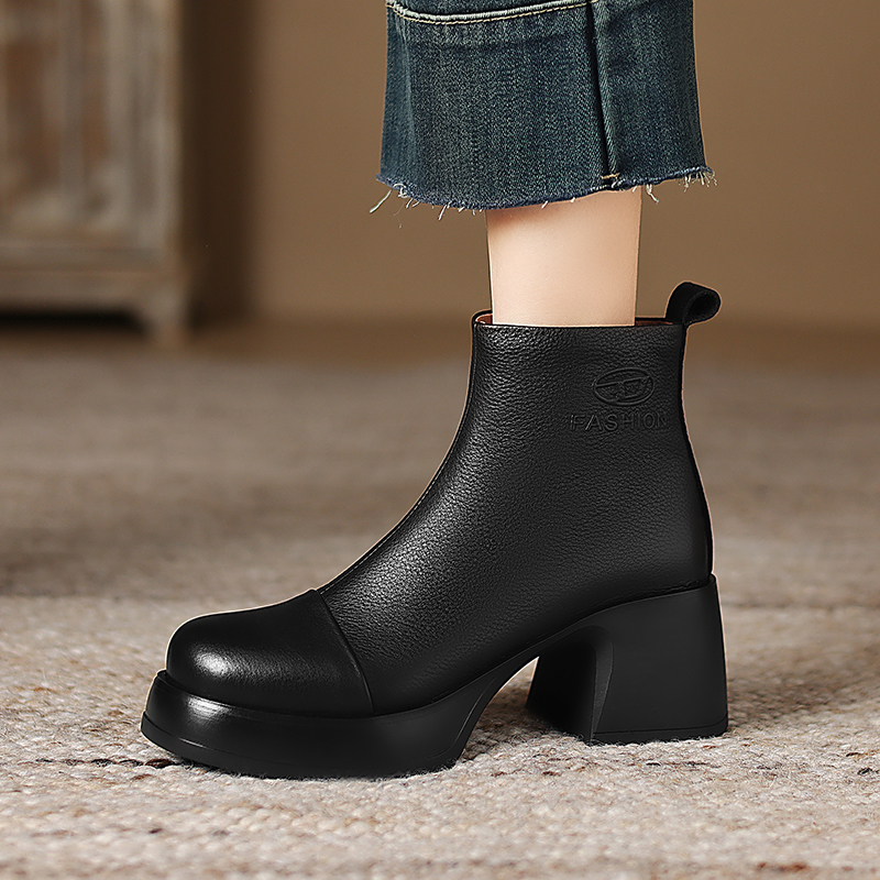 菓苒6.5cm粗跟中跟厚底短靴女复古欧美时尚真皮百搭秋冬瘦瘦靴40