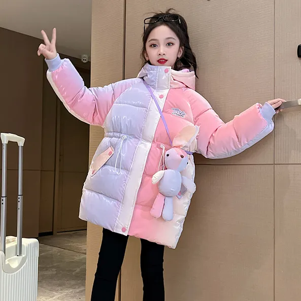 女童冬季新款2023加绒加厚棉服儿童中长款洋气外套宽松时尚棉衣潮