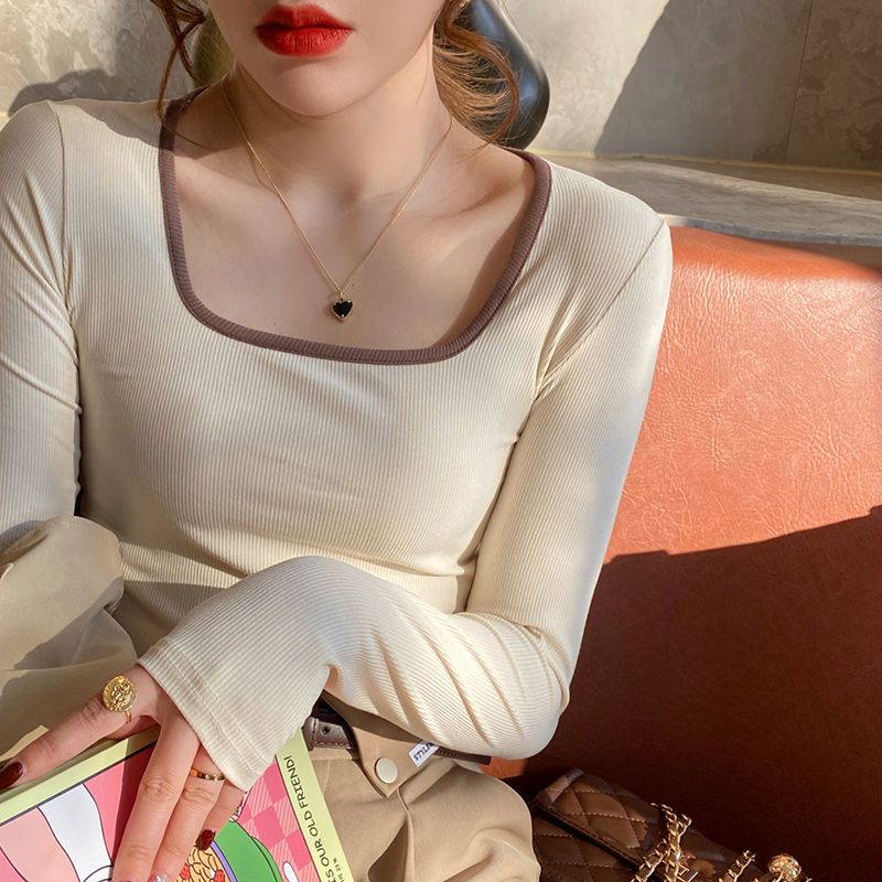 打底衫上衣女2023春季新款修身显瘦方领内搭低领百搭ins长袖t恤女