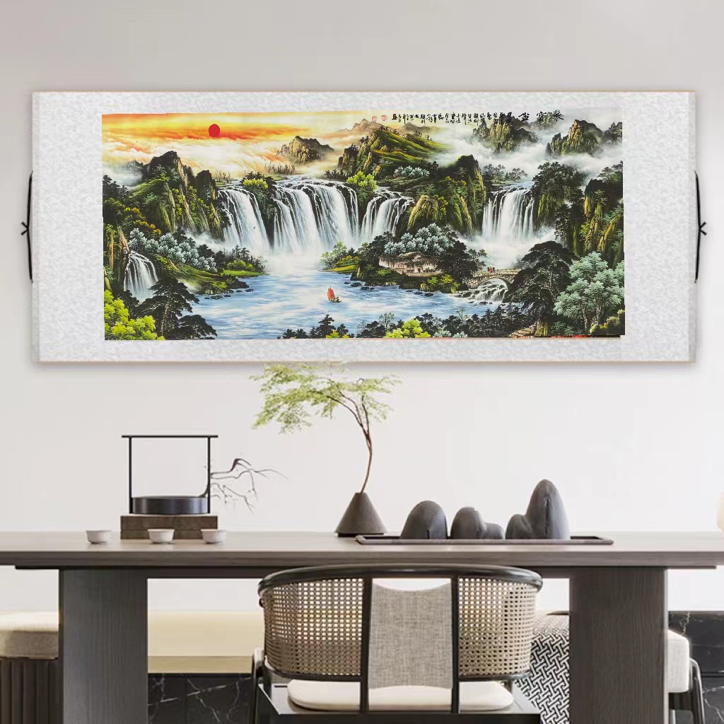 国画写意山水《聚宝盆》青绿山水六尺大画书房茶室客厅挂画装裱品质