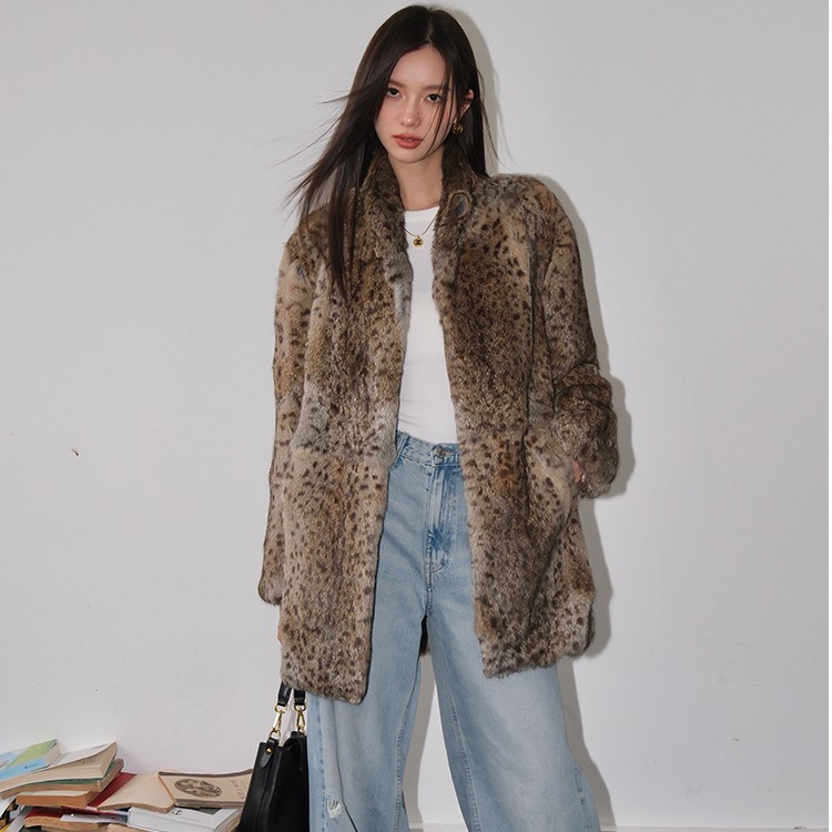 北麋老钱风中古草原兔毛立领皮草外套女经典豹纹秋冬大衣中长款
