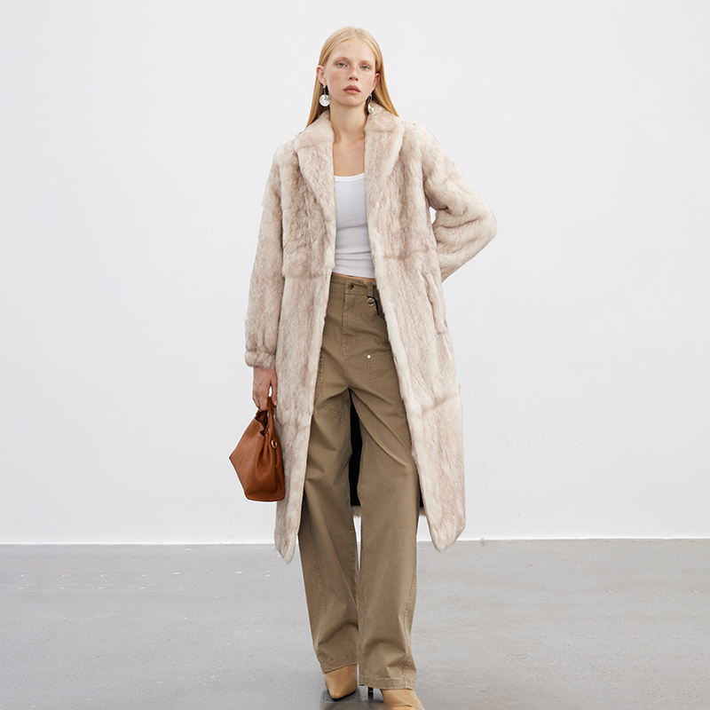 北麋「冰岛少女」复古随性霜色草原兔毛皮草外套女长款皮毛一体大衣