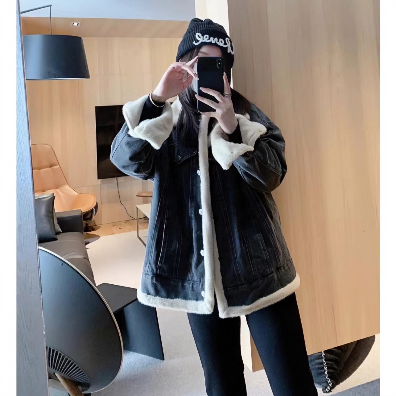 【晓服饰优品】时尚牛仔拼接冬季秋冬皮毛一体百搭外套宽松休闲加绒