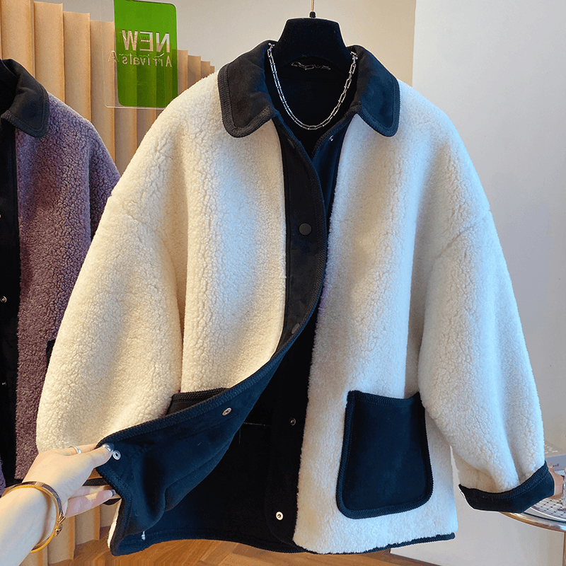 高级感韩版宽松加厚毛茸茸皮毛一体紫色毛绒外套女秋冬2024新款