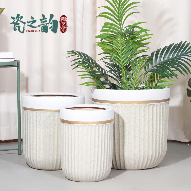 欧式简约圆柱陶瓷大花盆大口径室内外落地室内绿植花卉通用发财树