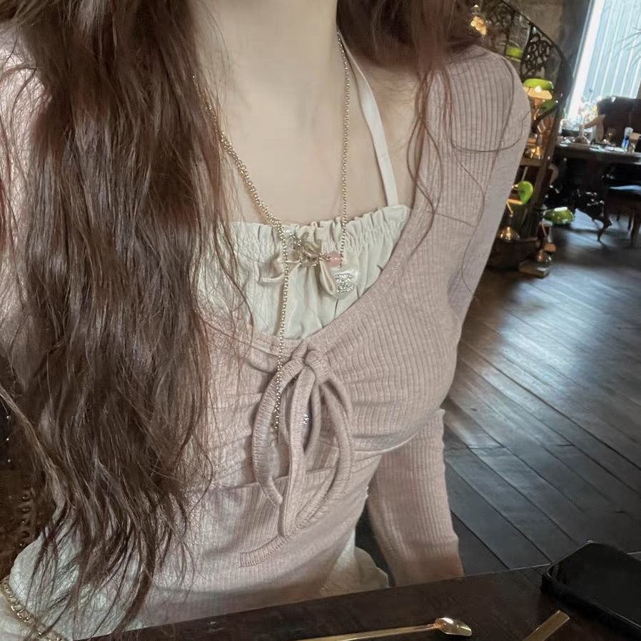 梦境芭蕾甜美假两件撞色绑带打底衫长袖T恤修身显瘦上衣气质短款