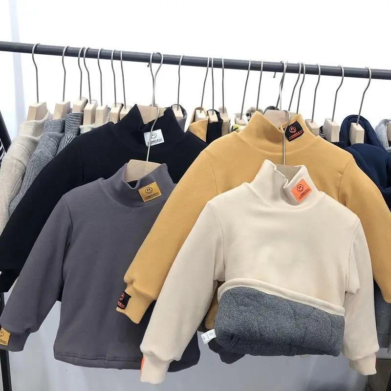 男童高领加棉加厚打底衫2023款冬装儿童保暖上衣笑脸贴标套头棉袄