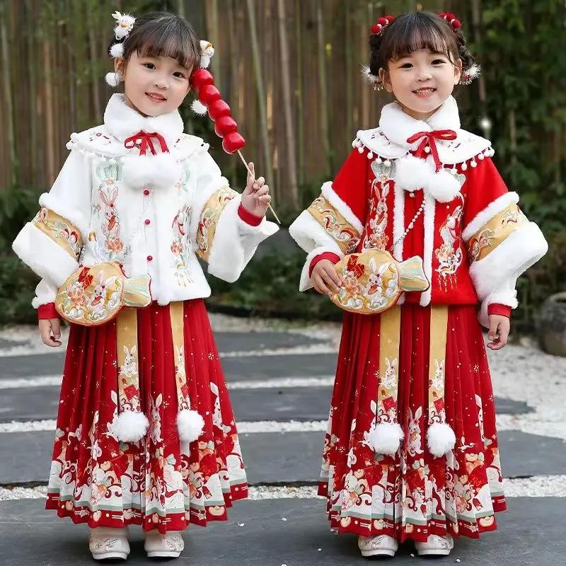 儿童汉服加绒加厚洋气新款拜年服女童中国风唐装日常喜庆宝宝兔子