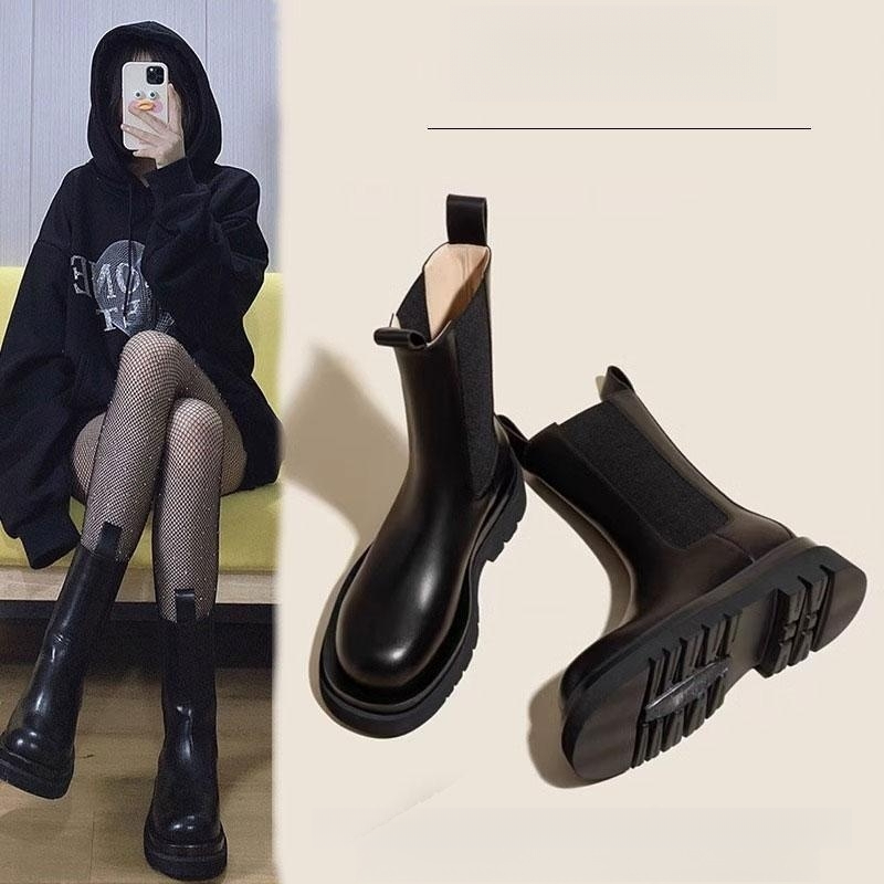 烟筒靴女厚底马丁靴2023新款春秋爆款加绒切尔西烟管靴中筒短靴子