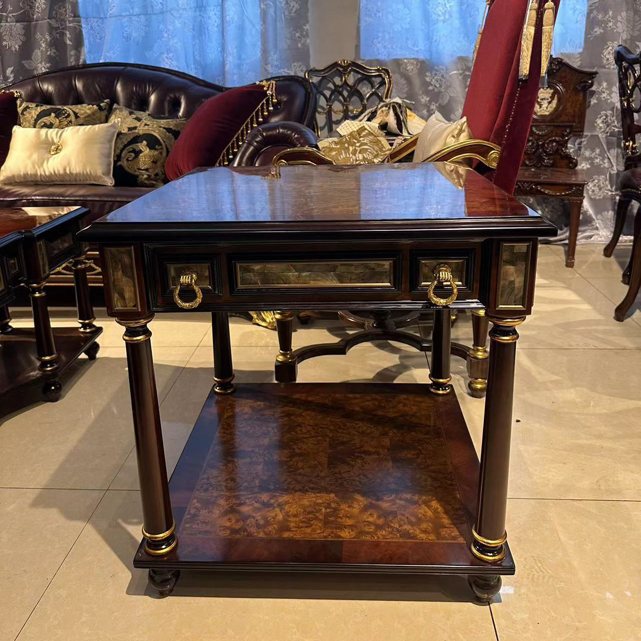 亚历山大实木边几木皮拼花贝壳镶嵌角几铜件配件边几