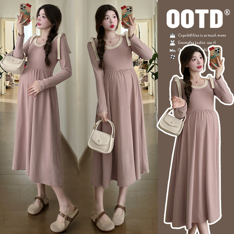 孕妇连衣裙2024春季新品韩版温柔减龄圆领蝴蝶结粉色中长款连衣裙