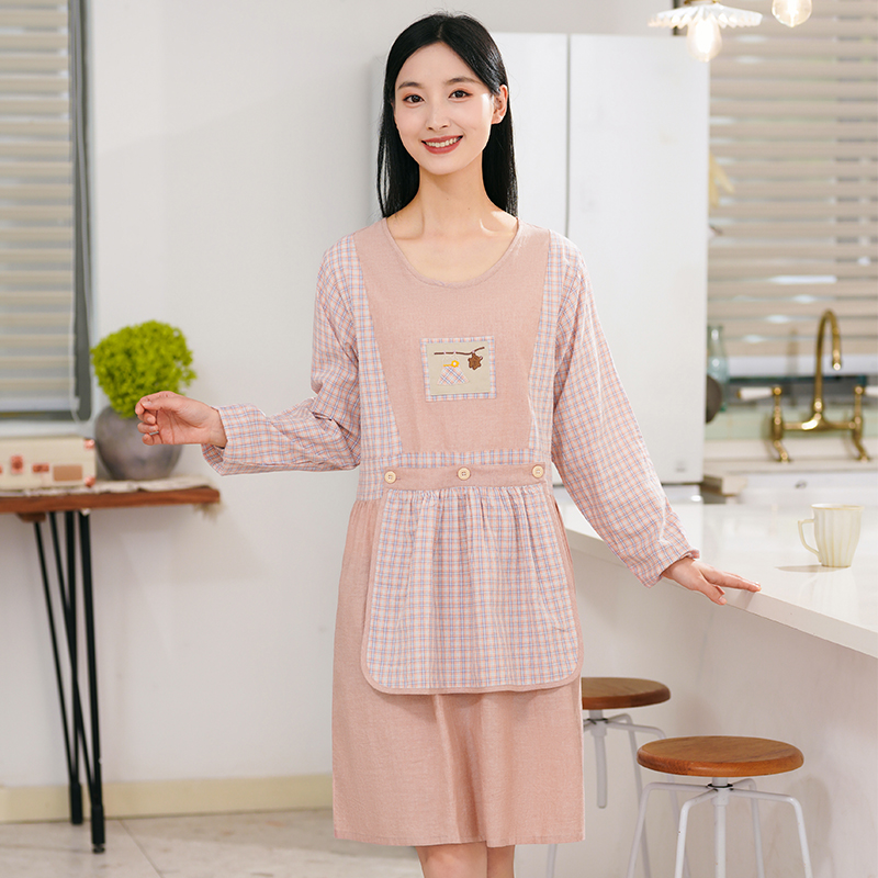 2024新款韩版双层大口袋加长罩衣防水防油家用厨房围裙长袖纯棉女