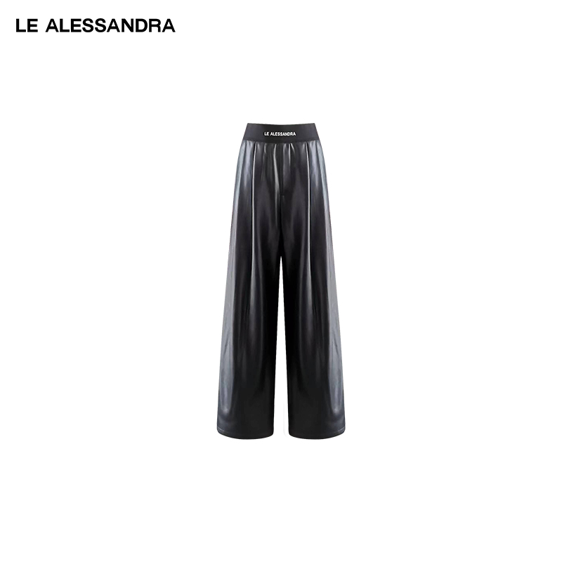 品牌直营 LE ALESSANDRA 高腰松紧织带阔腿长裤西装皮裤