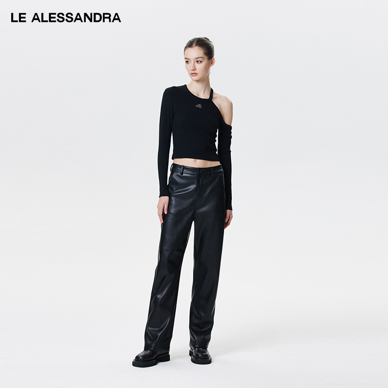 品牌直营 LE ALESSANDRA 螺纹不对称露肩长袖T恤