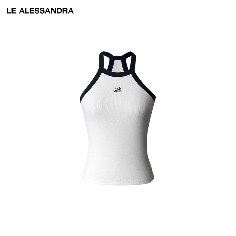 品牌直营 LE ALESSANDRA 黑白拼色螺纹挂脖背心吊带打底内搭
