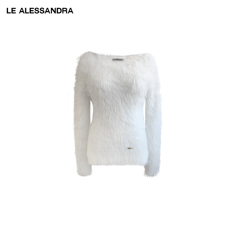 品牌直营 LE ALESSANDRA 长羽毛纱一字领收腰毛衣上衣