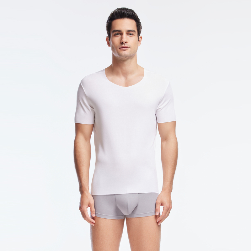 爱慕先生60s男款上衣两件包系列薄款透气无痕V领纯色短袖NS12U53