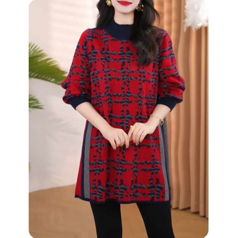 [格子]时髦女士毛衫中长款上衣显瘦女装23Z162309