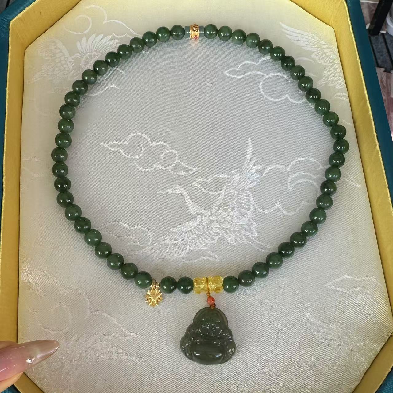 【传承】正色苹果绿老坑和田碧玉大点位颗颗微猫眼锁骨毛衣链显白款