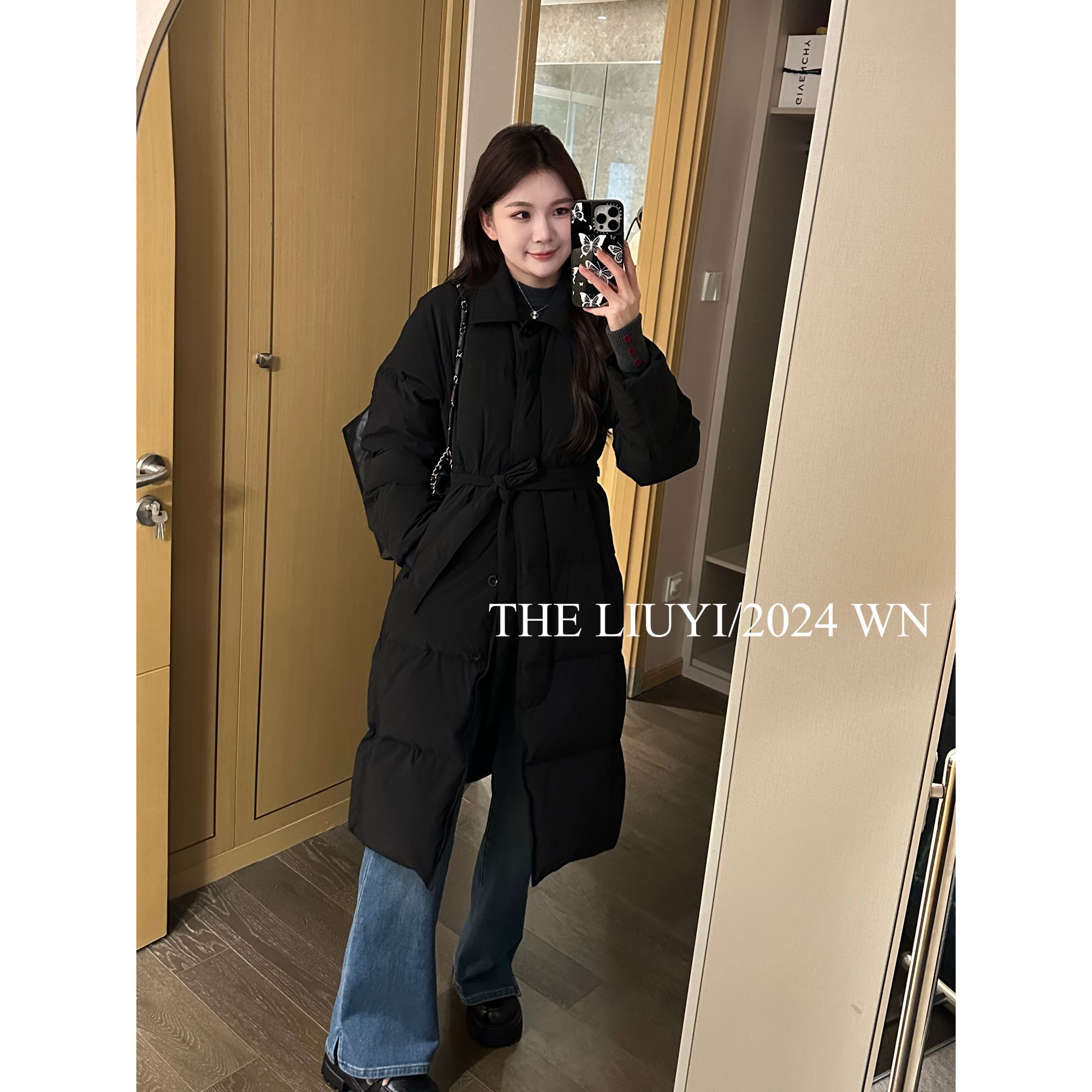 【LIUYI】继承者~90白鸭绒翻领长款腰带羽绒服外套412071