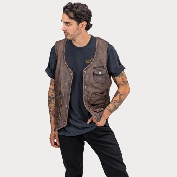 哈雷男士复古皮马甲 