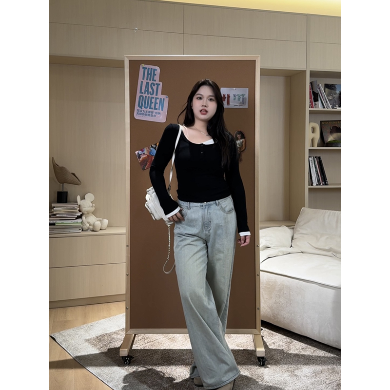 王少女【炸炸款】黑色假两件圆领针织衫秋冬显瘦长袖上衣Z25044S43