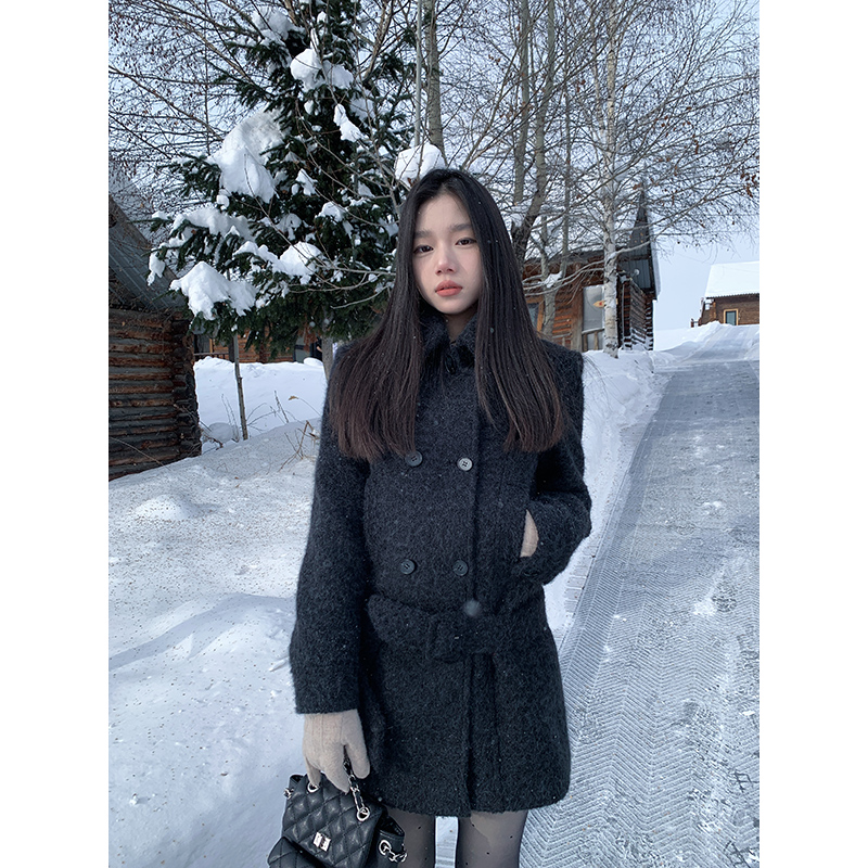 王少女的店 黑色翻领单面呢外套冬季千金风加厚韩系上衣N28076S44